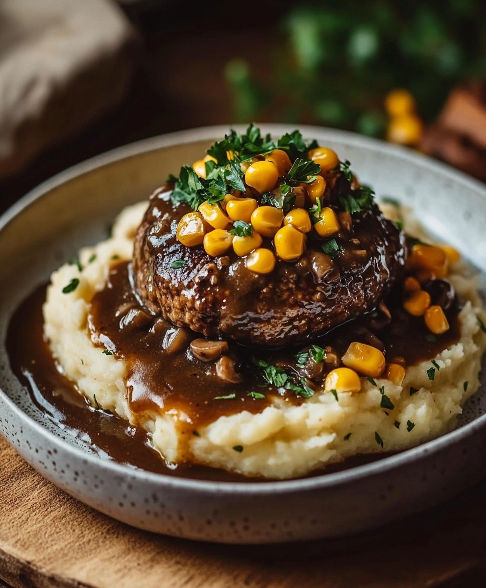 salisbury-steak-garlic-mashed-potatoes-corn-recipe