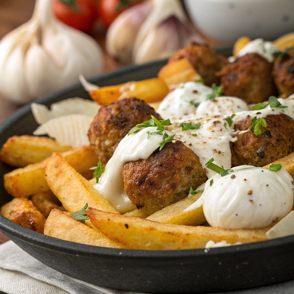 spiced-meatball-fries-garlic-yogurt-cheese