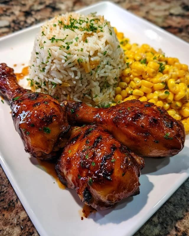 Honey Glazed Chicken Drumsticks with Rice & Corn