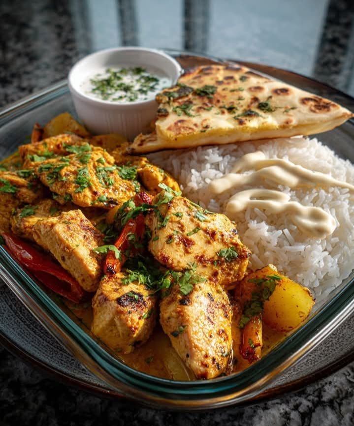 Spiced-Chicken-Plate with-Rice-Naan-&-Garlic -Yogurt 