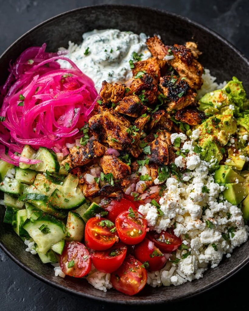 spiced-chicken-greek-rice-bowl-with-avocado-tzatziki