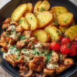garlic-chicken-with-roasted-potatoes-creamy-cheese-sauce