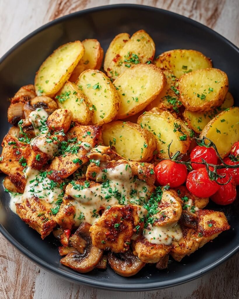 garlic-chicken-with-roasted-potatoes-creamy-cheese-sauce