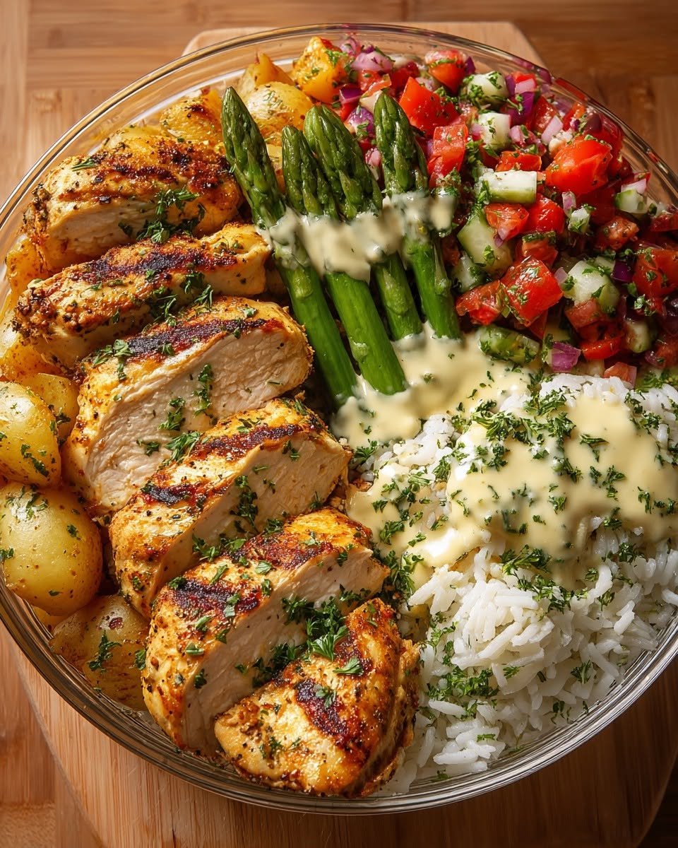 grilled-herb-chicken-bowl-with-asparagus-rice-garlic-sauce
