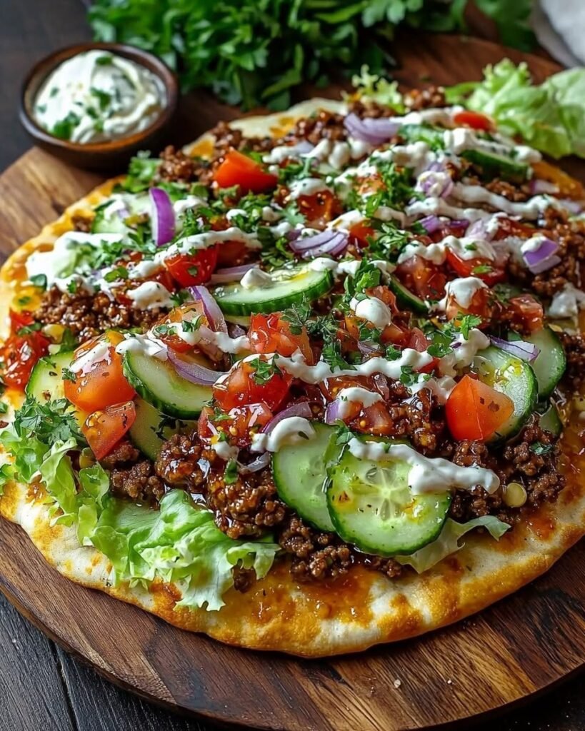 mediterranean-ground-beef-flatbread-with-garlic-hot-honey-feta-cream