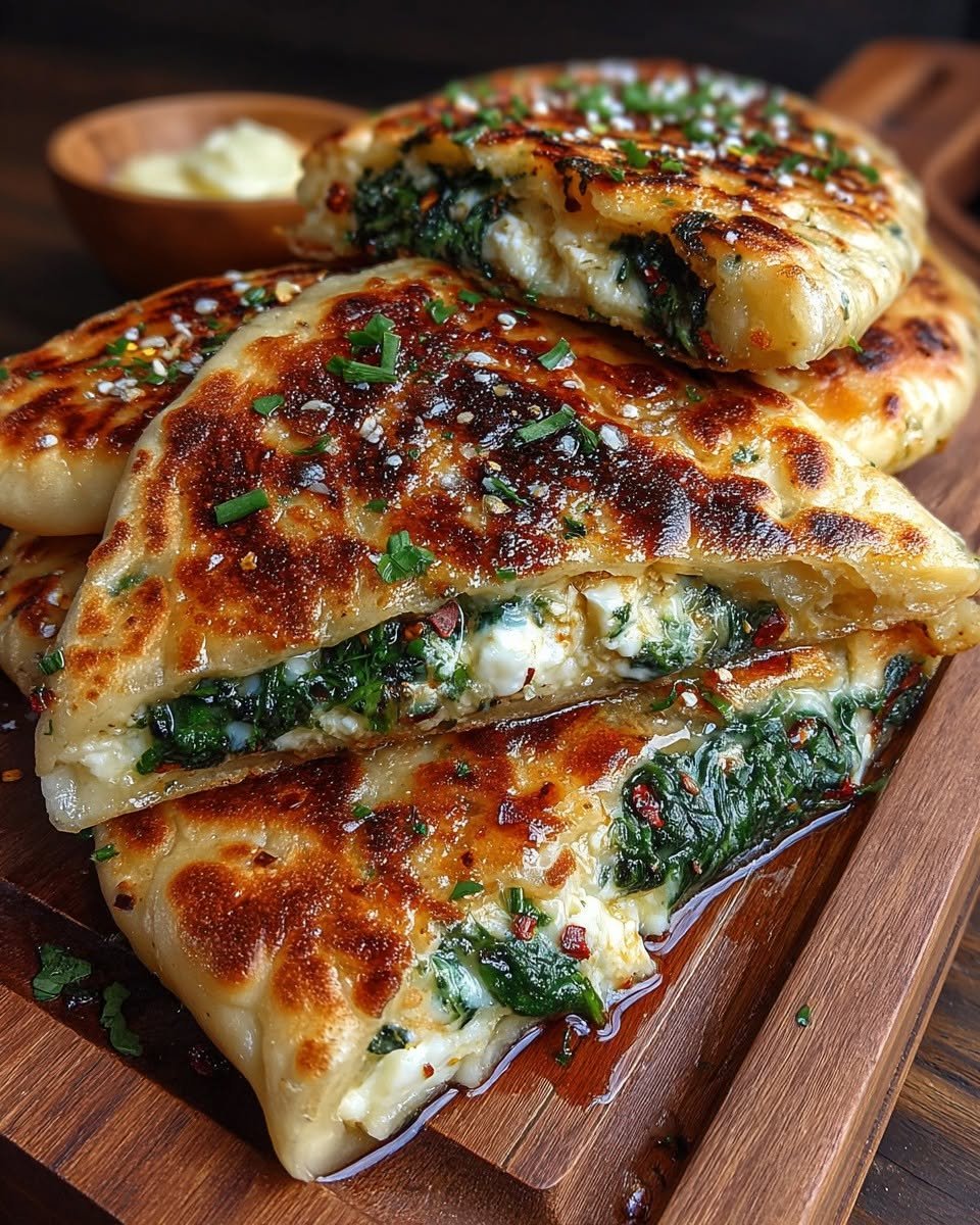 crispy-stuffed-flatbread-with-feta-spinach-garlic-honey-butter