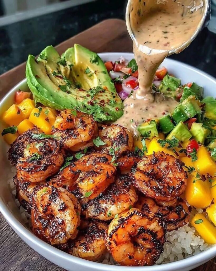 shrimp-and-avocado-bowls-with-mango-salsa-lime-chili-sauce