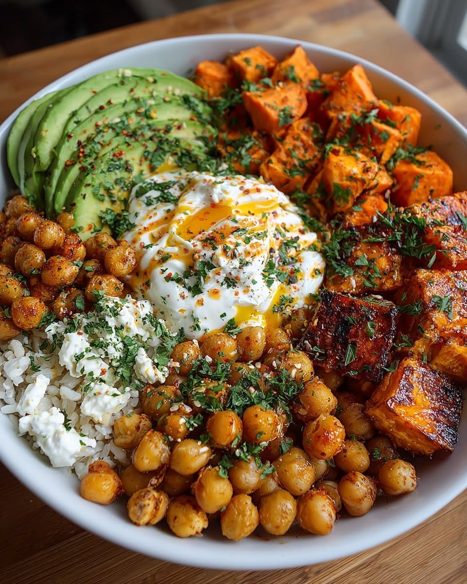crispy-chickpea-sweet-potato-bowl-with-lemon-whipped-feta-and-sriracha-honey