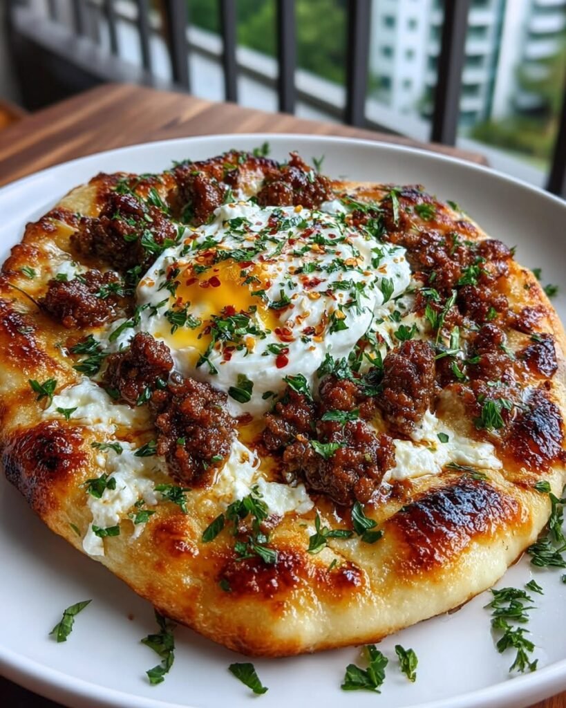 garlic-butter-ground-beef-flatbread-with-whipped-ricotta-honey