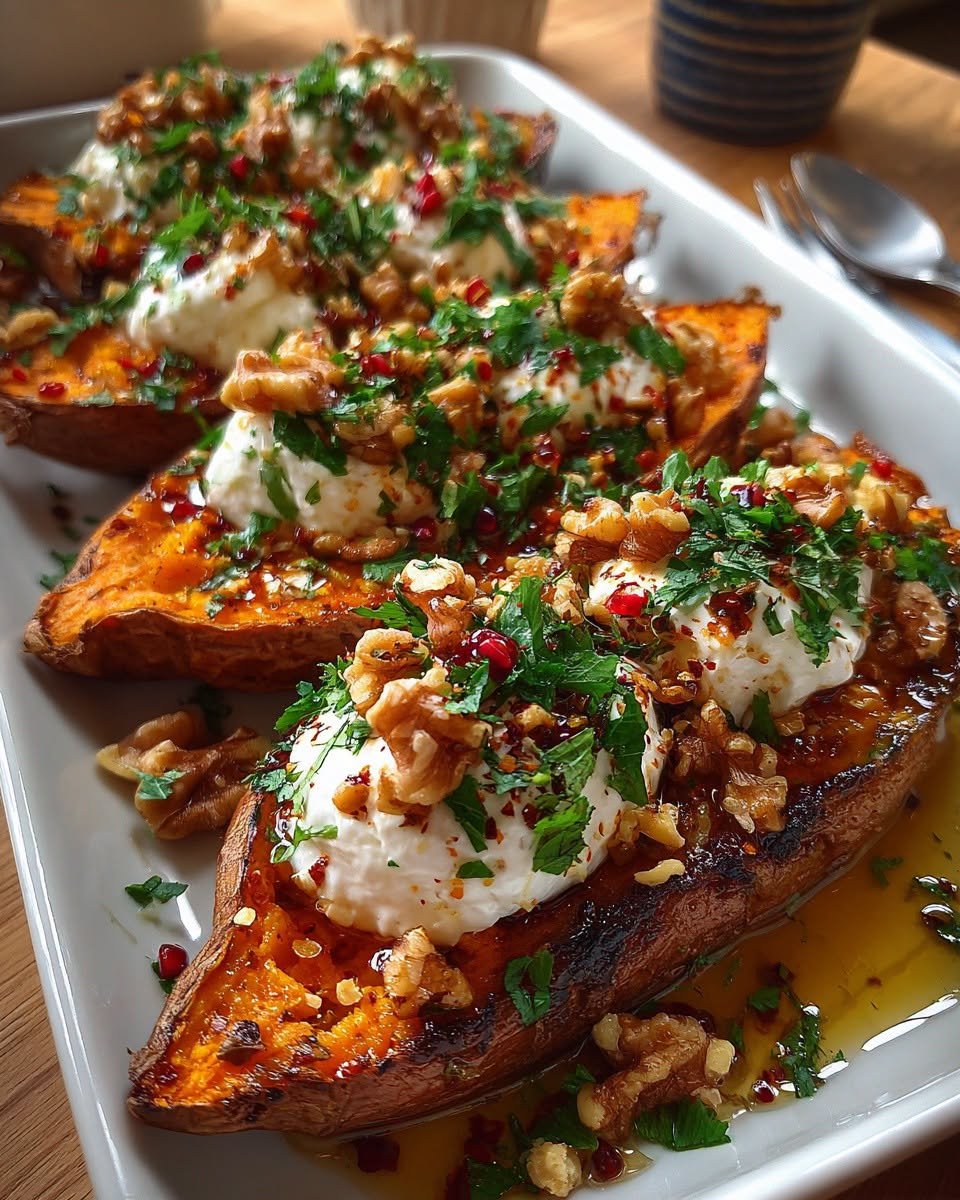 roasted-sweet-potato-boats-with-burrata-walnut-chili-honey
