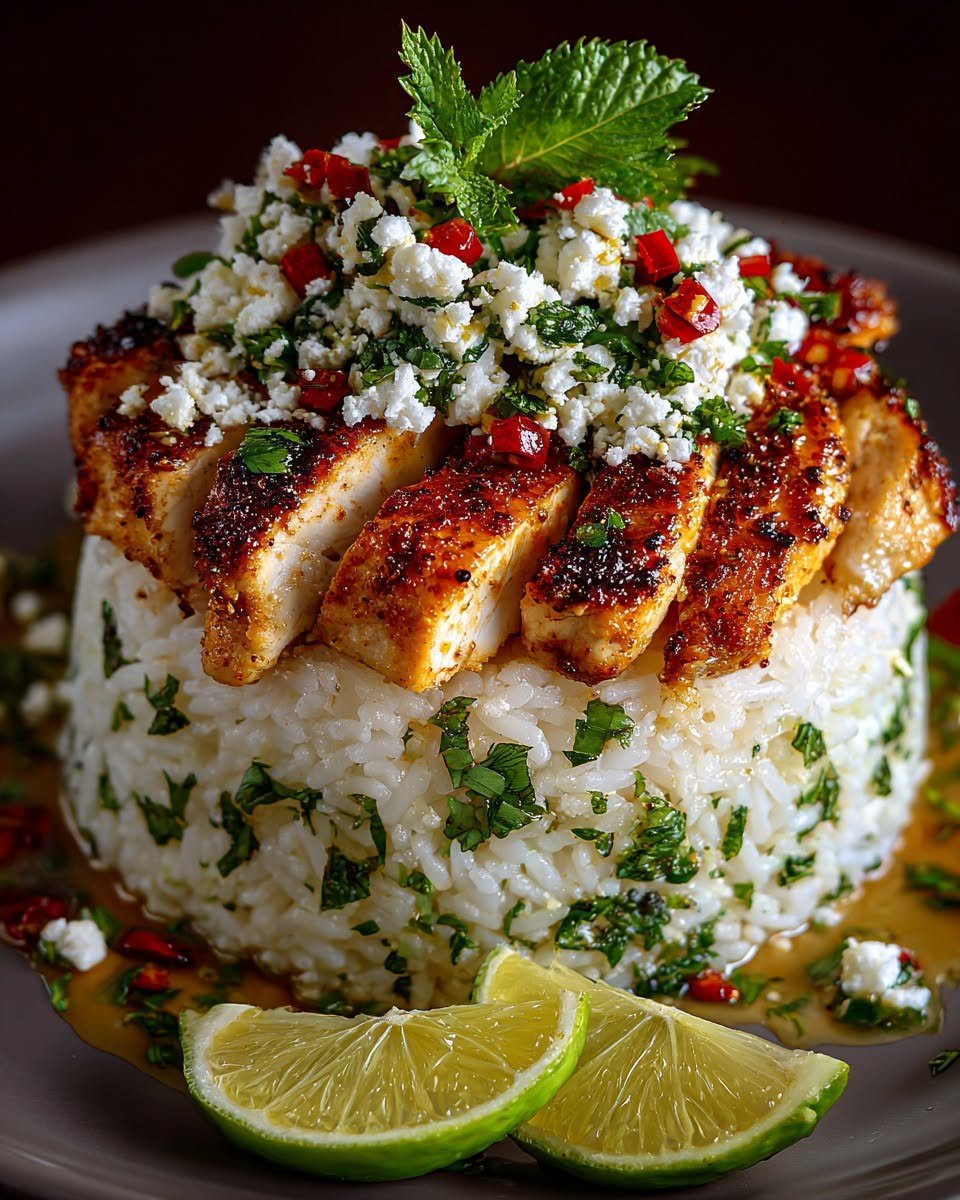 Honey-Lime-Chicken-Rice-Stack-with-Feta-Crumble-&-Fresh-Herbs 