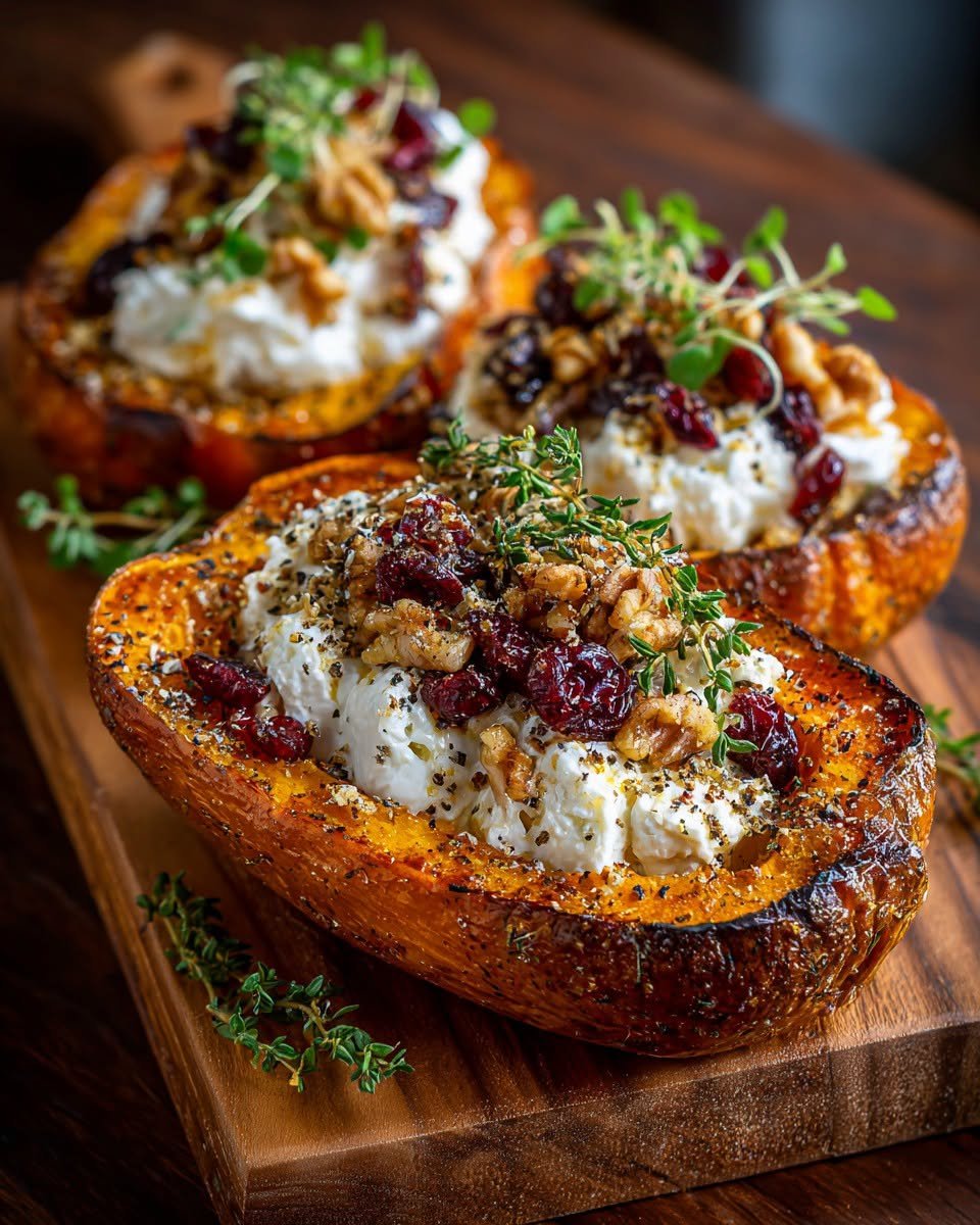 Roasted-Pumpkin-Boats-with-Goat-Cheese-Cranberries-&-Honey