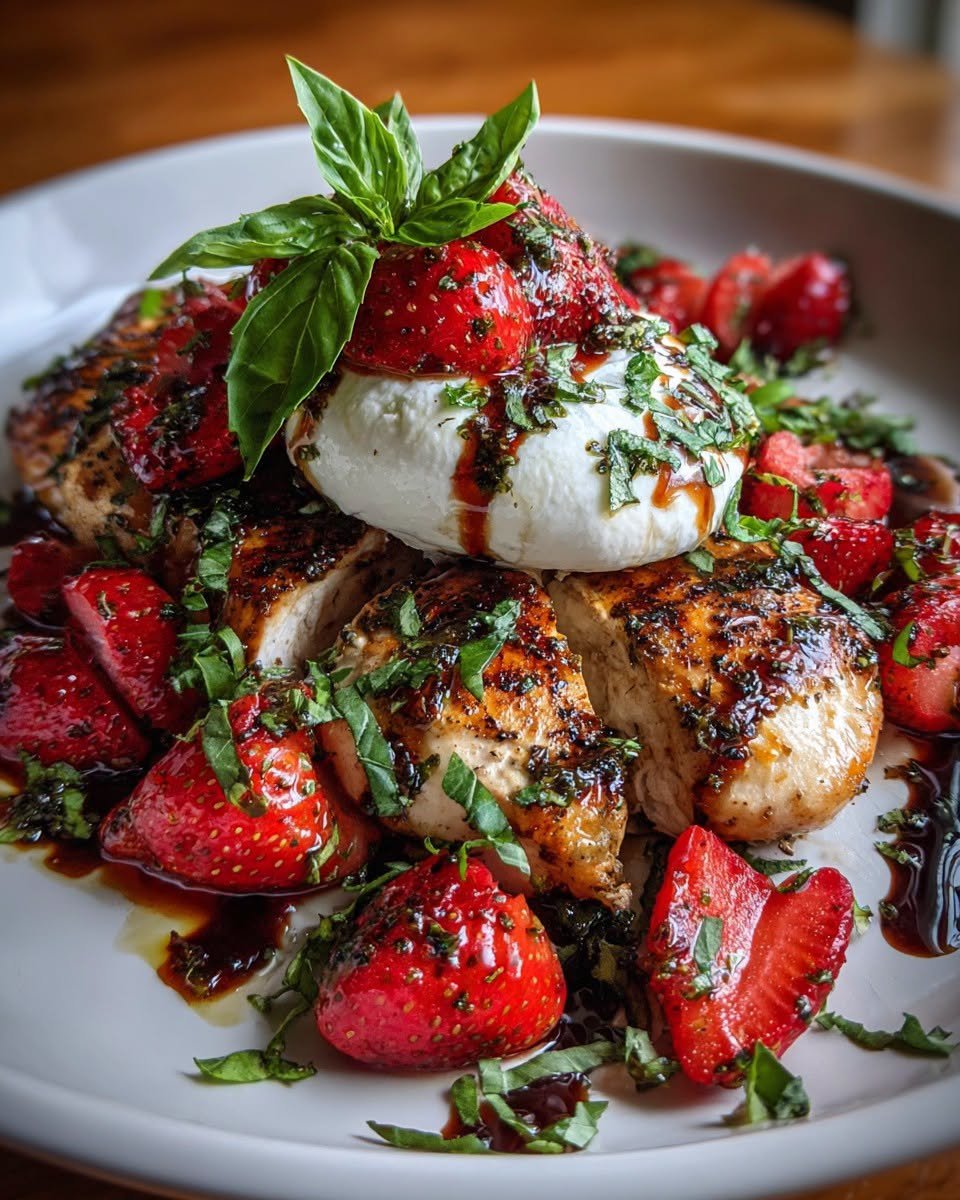 basil-chicken-with-roasted-strawberries-burrata