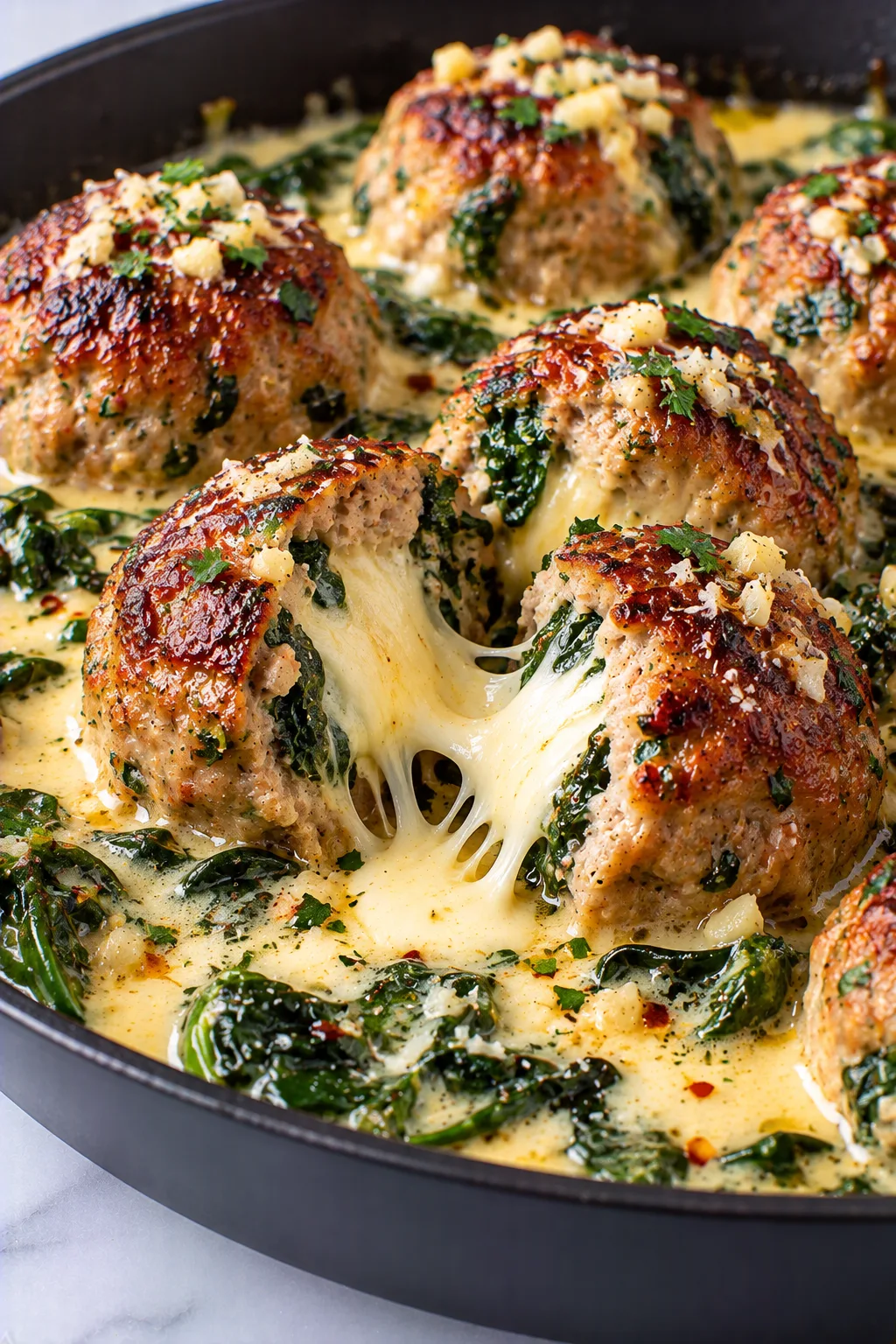 Spinach Garlic Meatballs Stuffed with Mozzarella