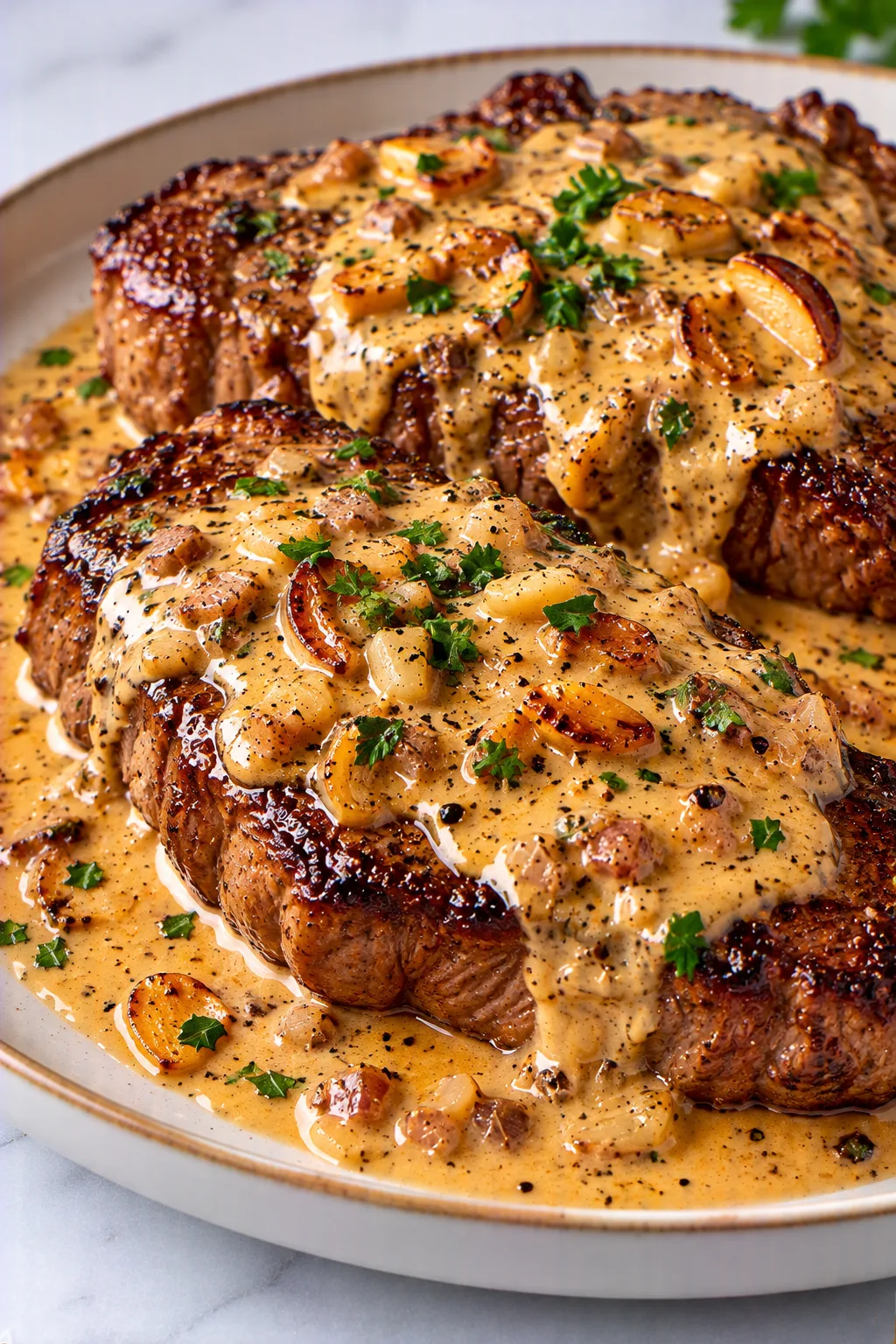 Steak with Bourbon Garlic Cream Sauce
